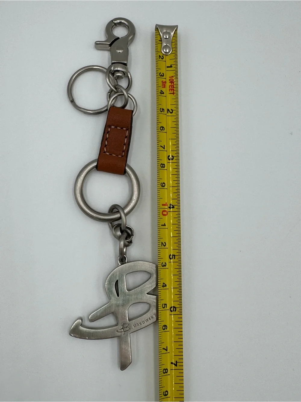 b. makowsky Tan Leather & Silver-Tone Monogram Keychain / Bag Charm